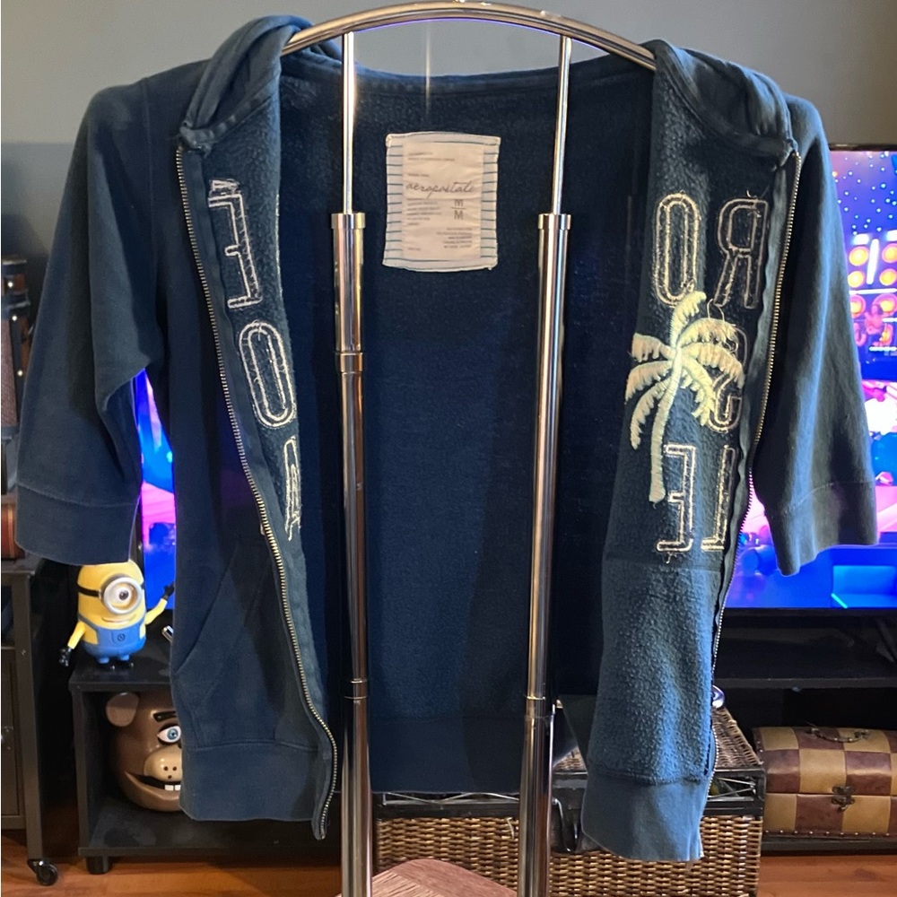 Aeropostale Navy Blue full-zip Hoodie with Palm Design 3/4 sleeves Size M - Picture 4 of 7